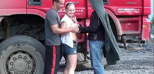 trendsConstruction site public gangbang threesome sex orgy with a cute blonde teen girl with nice perky tits and 2 hung guys with big dicks shoving their cocks in her mouth deep throat blowjob action and vaginal intercourse facking her young tight wet pussy